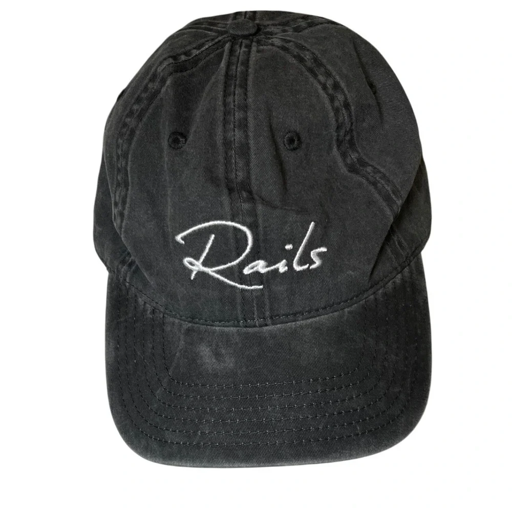 Rails Black Baseball Cap Hat Embroidered Logo‎ Est. 2009 Adjustable Distressed